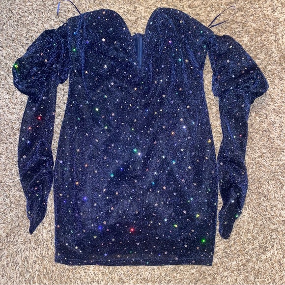 Area Stars Sparkle Off Shoulder Plunge Puff Long Sleeve Bodycon Mini Dress - Picture 2 of 2